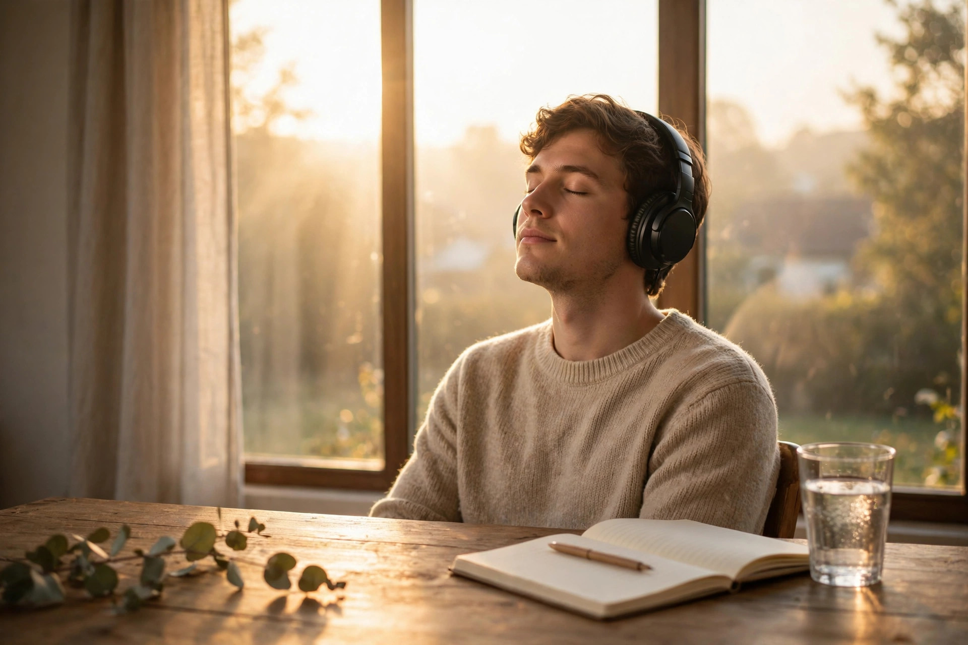 A person by a bright window in early morning light, wearing headphones with eyes closed in calm focus, a notebook on the table